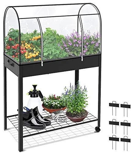 VOUNOT® Huerto Urbano Terraza Mesa de Cultivo Cubierta de Protección, Jardinera Elevada con Ruedas Asa Lateral y Estante Inferior, para Plantas Flores Verduras Jardín Interior Exterior, Negro