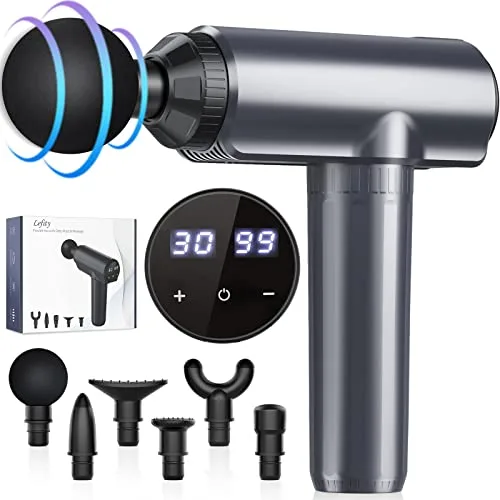 Pistola de Masaje Muscular, Pistola Masajeadora Muscular de Tejido Profundo Lefity con 30 Velocidades, y 6 Cabezales de Masaje, con Pantalla LCD para Aliviar el Dolor Muscular (Gris)