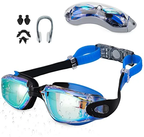 Hippodance Gafas de Natación Unisex para Adultos y jóvenes,UV Protegido Espejo Gafas,Gran Angular de 180°, antivaho, protección UV, Gafas de Buceo con Estuche de Almacenamiento（azul）