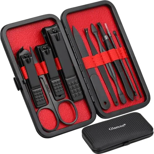 Glamne Juego de manicura, cortaúñas, herramientas profesionales de cuidado de uñas de acero inoxidable con estuche de viaje de cuero 10 en 1 Negro