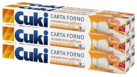 Cuki Papel de horno antiadherente gofrado, cocción seca y crujiente, 33 cm de altura, 6 paquetes de 6 metros