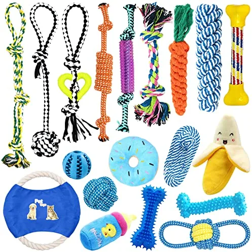 TOPSEAS Juguetes para Perros, 19 Piezas, Cuerda de Perro de Juguete,Cuerda de Bola de algodón Natural para Masticar los Dientes de Cachorro,medianos y pequeños Juguetes interactivos