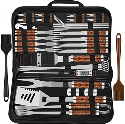 Grilliance Juego de Utensilios para Barbacoa de 38 Piezas, Accesorios de Parrilla de Acero Inoxidable para Hombres, Kit de Herramientas Profesionales para Barbacoa con Bolsa de Transporte, marrón