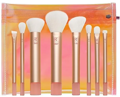 REAL TECHNIQUES Kit de brochas de maquillaje The Wanderer, premium y profesional, juego de 8 brochas de tamaño mediano con bolsa y cerdas suaves, para bases, polvos y correctores, dorado