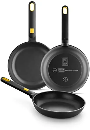 BRA Daily Pro Set 3 sartenes aluminio fundido 20-24-28 cm antiadherentes tricapa sin PFOA, aptas para todo tipo de cocinas e inducción, Color Negro Y Amarillo