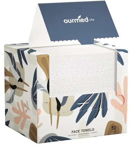 Ourmed Life Toallas Faciales Desechables Biodegradables, Toallitas Faciales Sin Pelusa para Piel Sensible, Limpieza, Cuidado de la Piel y Desmaquillante, Secas 12"x10", 50 Unidades