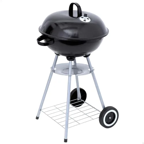 AKTIVE Barbacoa carbón portátil redonda 46x89 cm con tapa y rejilla de ventilación Doble parrilla con rejilla de ventilación 2 ruedas incorporadas para fácil transporte