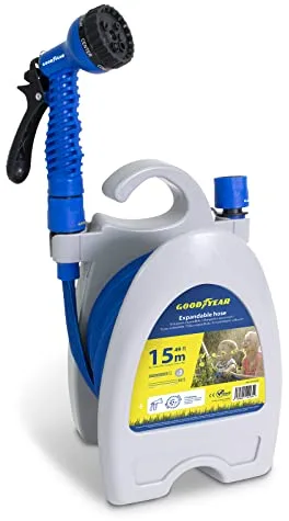 Goodyear – Manguera de Jardín Expandible 15m (49ft) con Enrollador, Ultraligera y Anti-Torsión, incluye Pistola de 7 Posiciones y Conectores Rápidos 1/2" y 3/4"