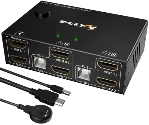 HDMI KVM Switch 2 Monitores 2 Computadoras 4K@60Hz, MLEEDA Dual Monitor KVM Switch 2 PC Comparte 2 Monitor y 4 Puertos USB, Control Remoto y HDMI USB Cables Incluidos