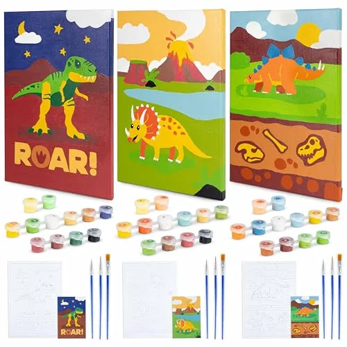 BONNYCO Pintar por Numeros Niños Dinosaurios, Pack 3 Lienzos. Kit Manualidades, Juguetes y Regalos para Niños. Cuadros para Pintar por Números, Paint by Numbers. Dinosaurios Juguete