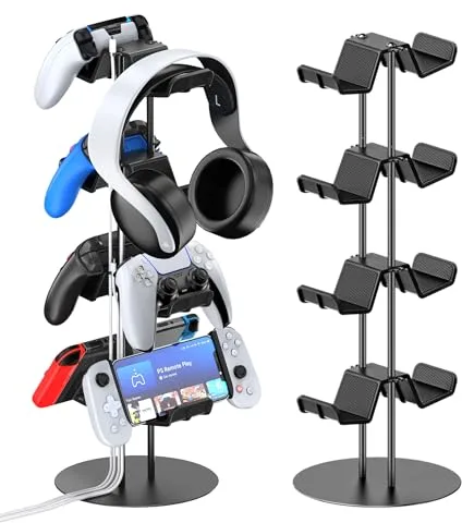 Kytok Soporte para Cascos Gaming, 4 Niveles Soporte Mando & Headset Stand con Organizador de Cable, Universal Suporte Auriculares y Mando Mesa para Headphone/Headset, Accesorios Gaming