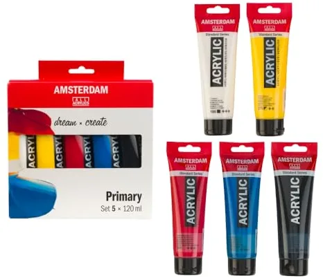 Amsterdam Standard Series Pintura Acrílica | Set de Mezcla Teoría del Color (5 x 120 ml) | Colores Primarios + Negro y Blanco