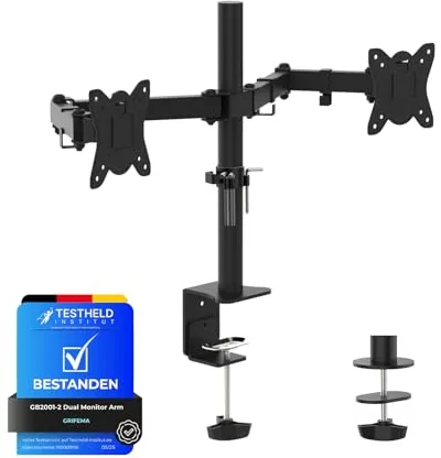 GRIFEMA GB2001-2 Soporte de Monitor Doble para Pantalla de Computadora de 13-32 Pulgadas, Altura Ajustable, VESA 75x75/100x100, Acero, Negro
