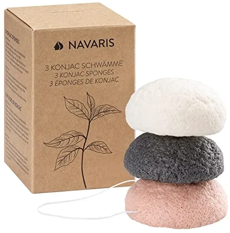 Navaris Set de 3x esponja de limpieza facial Konjac - Esponjas exfoliantes para todo tipo de piel - 100% natural vegana biodegradable y reutilizable