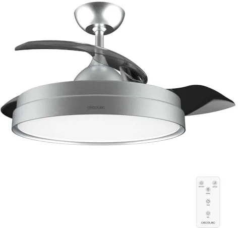 Cecotec Ventilador de Techo con Aspas Retráctites y Lámpara EnergySilence Aero 4280 Invisible Steel. 40 W, Diámetro 42" (106cm), Temporizador, 3 Tonos de Luz, Función Verano-Invierno