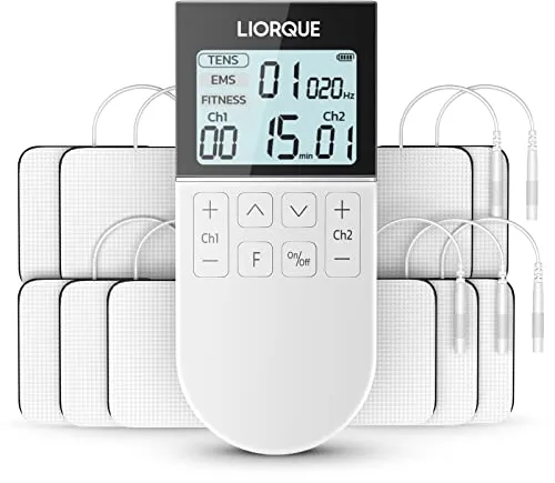 LIORQUE Electroestimulador Muscular, Electroestimulador TENS/EMS/FITNESS 3 en 1, 50 Modos, 10 Piezas de Electrodos TENS, 16 Niveles de Intensidad Para el Alivio del Dolor