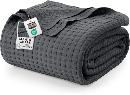 Utopia Bedding Manta Tipo Gofre De Algodón De 300 gsm (Gris Carbón - 228x182 cm), Edredón Suave, Ligero Y Transpirable para Todas Las Estaciones