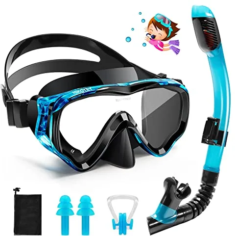 HIKOTEY Gafas de Buceo para Niño,El Kit de Snorkel Incluye Máscara y Tubo,Máscara de Buceo Antivaho de Vidrio Templado,180°Panorámico HD, Adecuado para Buceo y Snorkel, Niños de 4 a 16 Años (Azul)