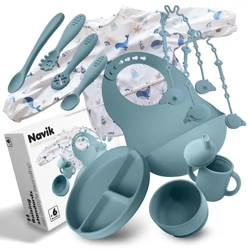 Navik | Juego vajilla bebe de silicona 12 piezas | Incluye plato ventosa dividido | vaso aprendizaje | cuchara | cuenco ventosa | +6 meses | azul ártico