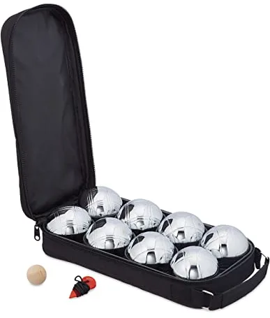 Relaxdays Bolas Petanca, 8 Pelotas Metal, Set con Bola de Tiro y Medidor de Distancia, Bolsa Transporte, Negro/Plateado
