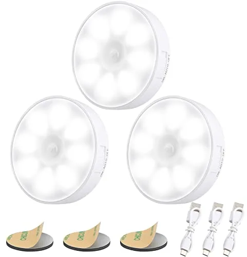 Electight 3 Pack Luz Nocturna LED Recargable por USB, Sensor de Movimiento para Interiores, 8 LED, 3 Modos (AUTO/ON/Off), para Dormitorio, Armarios, Pasillo, Escaleras, Garaje, Entrada (Blanco)