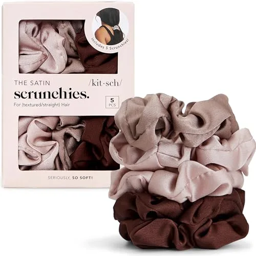 Kitsch Coleteros de satén para mujer, sin arrugas, para todo tipo de cabello y texturas, perfectos para el día o la noche, 5 unidades, camafeo