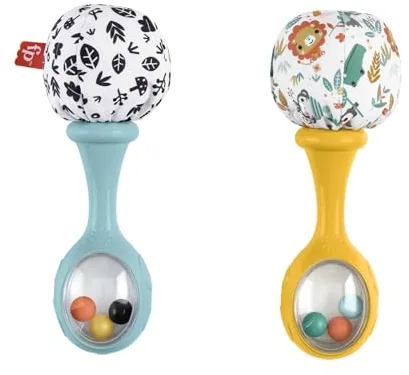 Fisher-Price Maracas Divertidas, 2 sonajeros con estampado de hojas en blanco y negro y de coloridos animales, juguete para bebés +3 meses (Mattel HMF34)