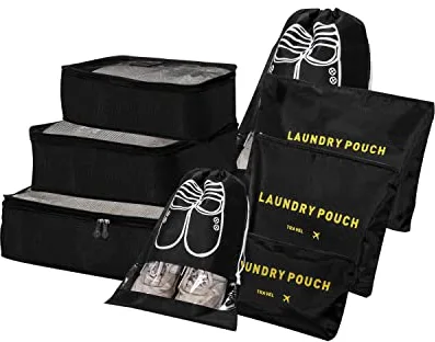 Juego de organizador De Maletas, bolsas De Ropa De Viaje, 8 En 1,cubos De Embalaje, equipaje, Para Ropa, Zapatos, Ropa Interior, Cosméticos (Negro)