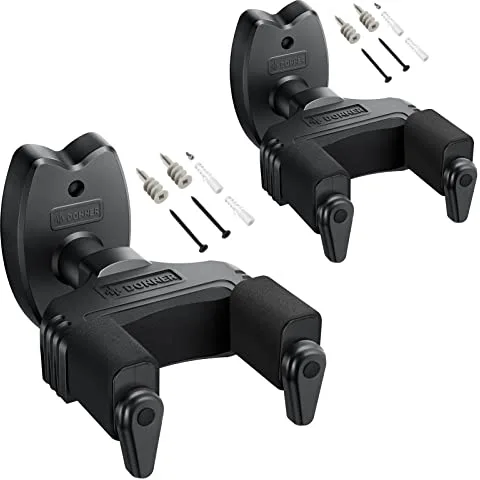Donner Paquete de 2 colgadores de pared para guitarra con bloqueo automático para guitarra eléctrica acústica, bajo y mandolina, negro