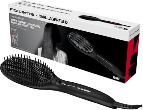 Rowenta x Karl Lagerfeld Powerstraight CF582L - Cepillo alisador pelo que calienta y alisa, temperatura ajustable 160 ° - 180 ° - 200 °, tecnología Thermo-control y tecnología iónica, negro y rojo