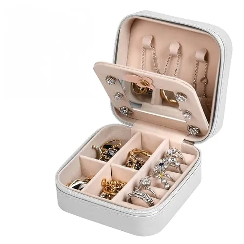 Aucuu Joyero Pequeño de Viaje con Espejo, Jewelry Organizer Portátil para Mujer, Cajas para Joyas para Anillos, Pendientes, Collares, Pulseras, Aretes-Beige