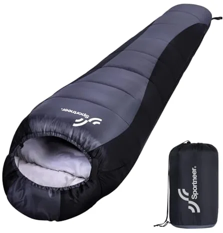 Saco de dormir momia para exteriores: Sportneer 3 – 4 estaciones, ligero, impermeable, saco de dormir 5 ℃ – 15 ℃ para viajes, festivales, camping, interior, tamaño pequeño y ultraligero, negro y gris
