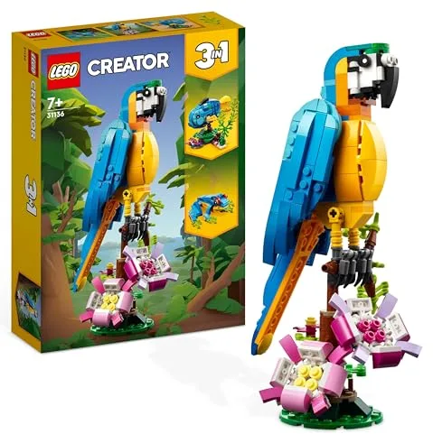 LEGO Creator 3 en 1 Loro Exótico, Pez o Rana, Figuras de Animales de Juguete para Construir, Regalo para Niños y Niñas de 7 Años o Más, Juego Creativo 31136