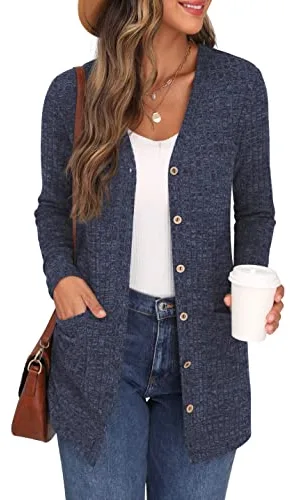 GRECERELLE Cardigan Mujer Elegante Chaqueta Punto Manga Larga Cuello en V Bolsillos Botones Estilo Largo (Azul Marino, M)