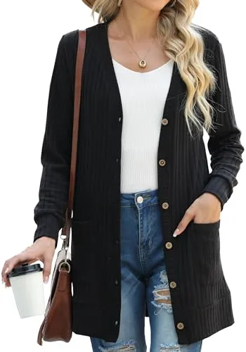GRECERELLE Cardigan Mujer Elegante Chaqueta Punto Manga Larga Cuello en V Bolsillos Botones Estilo Largo (Negro, L)