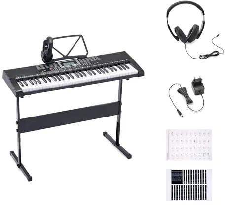 Amazon Basics Teclado de Piano Digital Portátil de 61 Teclas para Principiantes, Altavoces Incorporados, 255 Timbres y Ritmos, 50 Canciones de Demostración, Atril y Auriculares Incluidos - Negro