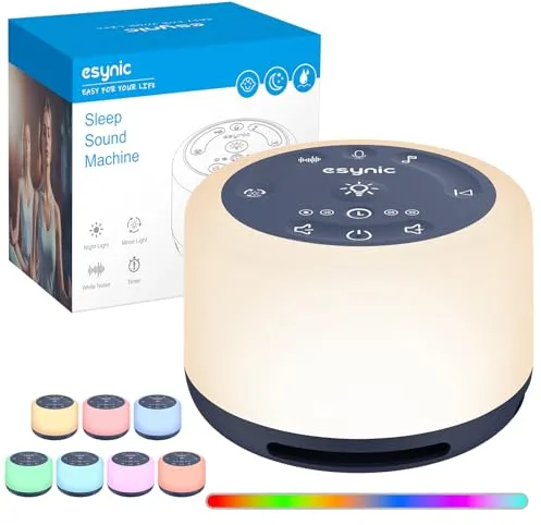 Máquina de Ruido Blanco eSynic Máquina de Sonido Portátil para Dormir para Bebé con 30 Tipos de Sonidos Relajantes, Luz Nocturna Ajustable,Temporizador, Batería incorporada de Gran Capacidad