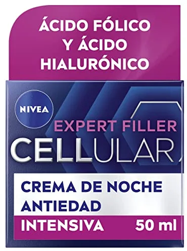 NIVEA Cellular Expert Filler - Crema de Noche - Antiarrugas - Efecto Rellenador 24h - Con Ácido Hialurónico y Ácido Fólico - Crema Antiedad - Extra Firmeza - Todo Tipo de Pieles - 50 ml