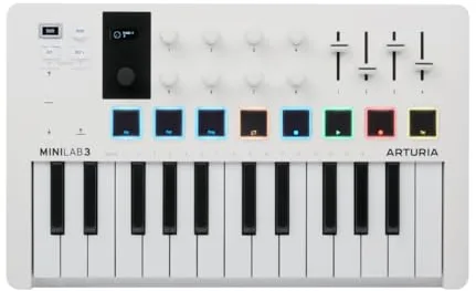 Arturia - MiniLab 3 - Controlador MIDI Universal para Producción Musical, con Paquete de Software Todo en Uno - 25 Teclas, 8 Almohadillas, white