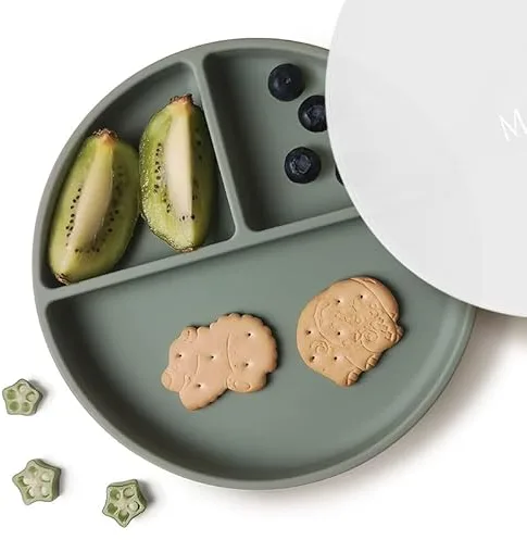 Moonkie Platos de succión para bebés y niños pequeños | Platos divididos de silicona sin BPA con tapa | Aptos para microondas y lavavajillas - 1 Pack (Sage)