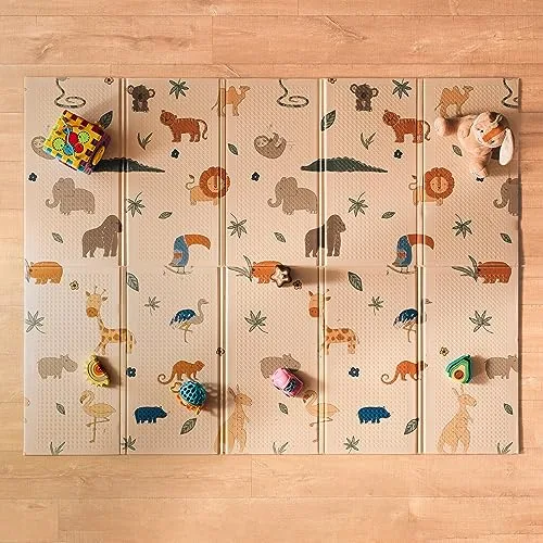 Nuby - Alfombra Bebe Acolchada Plegable Reversible Safari - Tapete Bebe Ligero Para Jugar En El Suelo - Alfombra Infantil Grande Con Diseño De Animales - Suelo Bebes Acolchado Portátil - 150x200 cm