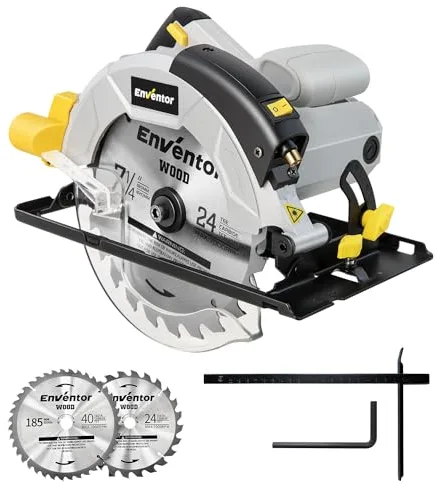 Enventor Sierra Circular 1200W, Sierra Circular de Mano 5800RPM, 2 Hojas de Sierra de 24T+40T(Ø185mm), Corte 62mm(90°)/42mm(45°), Guía Láser, para Cortar Madera, Metal Blando, Plástico