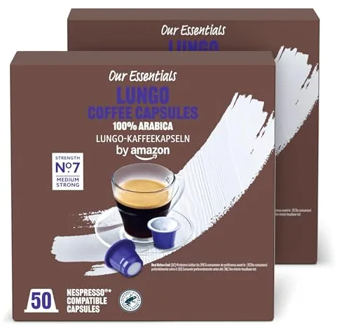 by Amazon Cápsulas de Café Lungo de Plástico Compatibles con Nespresso, Tostado Medio, 100 Unidades (2 Paquetes de 50), Certificadas por Rainforest Alliance