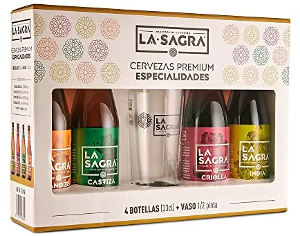 La Sagra - Pack Degustación 4 Cervezas de 330 ml de La Sagra de 4 estilos (IPA, Tostada, Rubia y Blanca de Trigo) + vaso ½ pinta - Total: 1320 ml
