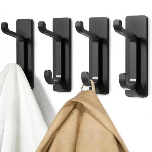 pickpiff Ganchos Adhesivos para Pared, Resistentes 6kg, Sin Taladrar, Impermeable, Colgadores para Baño Cocina Abrigos, Perchas Adhesivas de Acero Inoxidable, Negro, 4 Piezas