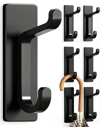 pickpiff Ganchos Adhesivos para Pared, Resistentes 6kg, Sin Taladrar, Impermeable, Colgadores para Baño Cocina Abrigos, Perchas Adhesivas de Acero Inoxidable, Negro, 6 Piezas