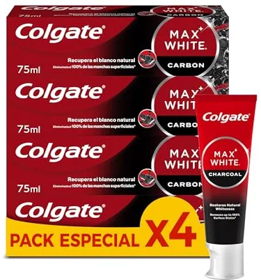 Colgate Max White Carbón Activo Pasta de dientes Blanqueadora Pack 12 x 75ml -Elimina hasta 100% de las Manchas Superficiales - Carbón Activado y Micro Partículas Minerales