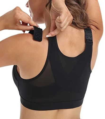 DotVol Sujetador Básico Corrector de Postura con Cierre Delantero Tirantes Anchos Postoperatorio para Mujer (90C,Negro)