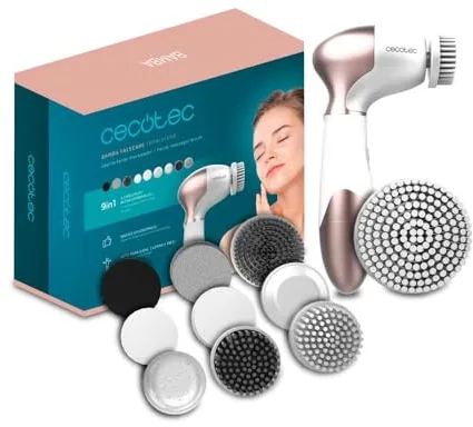 Cecotec Cepillo Limpiador Facial Masajeador Portátil a Pilas Bamba FaceCare TotalClean. 9 Cabezales para Cara, Cuerpo y Pies con Giro de 360º, Diseño Ergonómico y Bolsa de Viaje