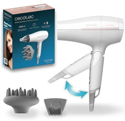 Cecotec Secador de Pelo de Viaje Plegable IoniCare Power&Go Heaven. 2000W, 2 Temperaturas, 2 Velocidades, Función de Aire Frío, Incluye Boquilla Concentradora y Difusor